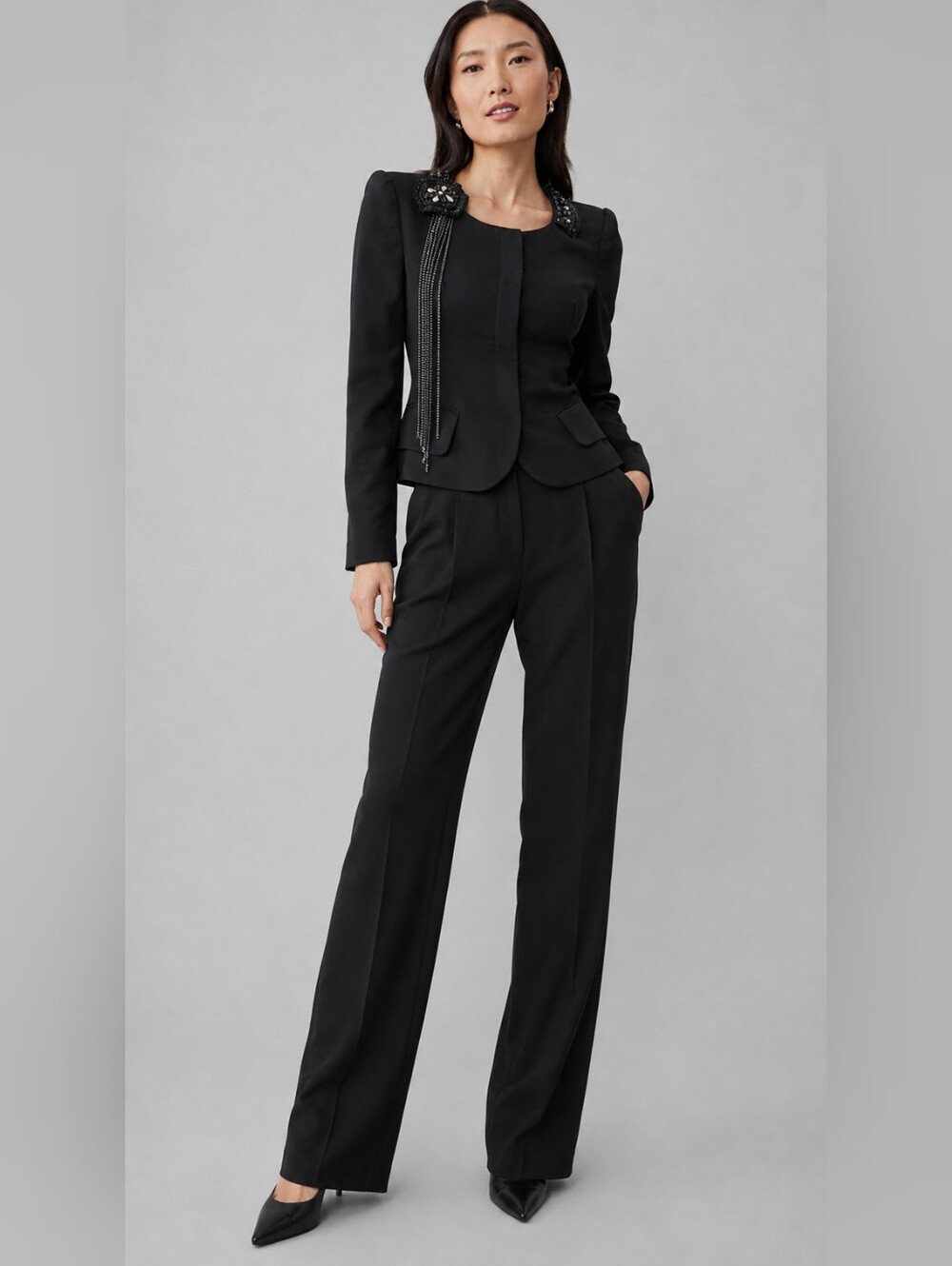 Tracy Reese Black Structured Beaded Chain Fringe Tailored Blazer 2